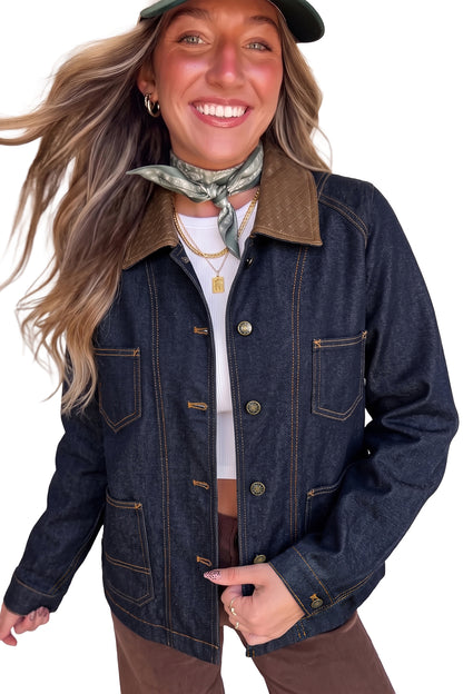 Navy Blue Contrast Collar Stitched Detail Button Denim Jacket