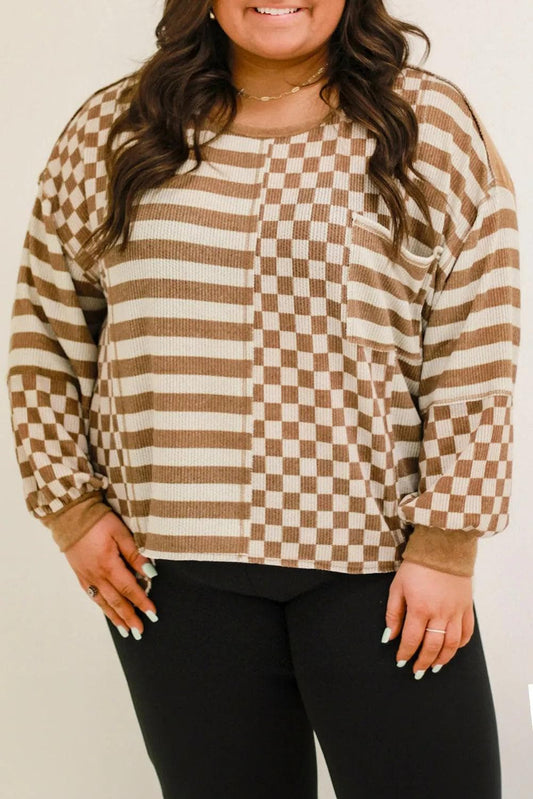 Plus Size/Plus Size Tops/Plus Size Long Sleeve Tops Khaki / 1X / 100%Polyester Khaki Striped Checkered Mixed Print Chest Pocket Casual Plus Size Top