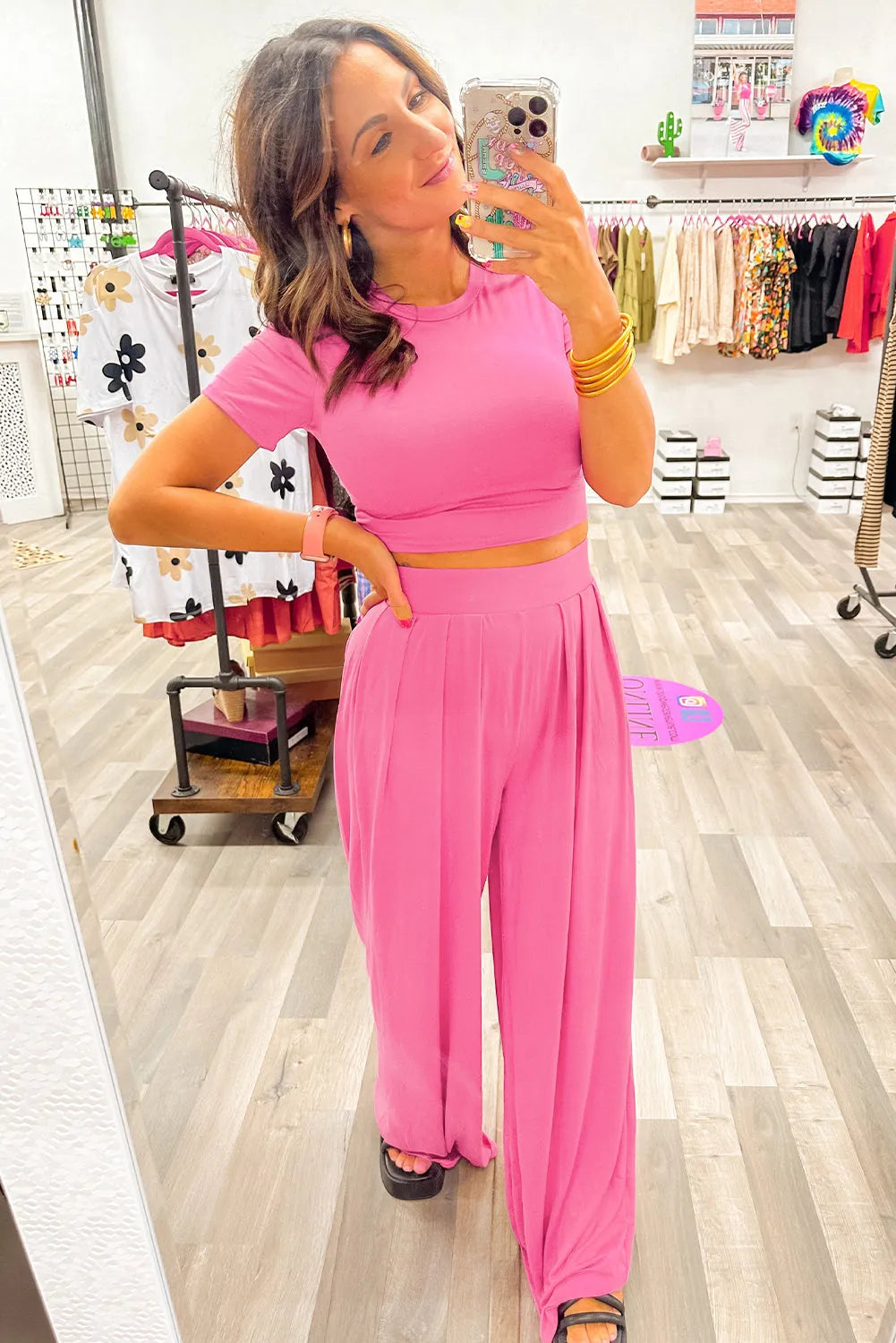 Strawberry Pink Slim Fit Crop Top and Pleated Wide Leg Pants Set - Chic Meadow Boutique 