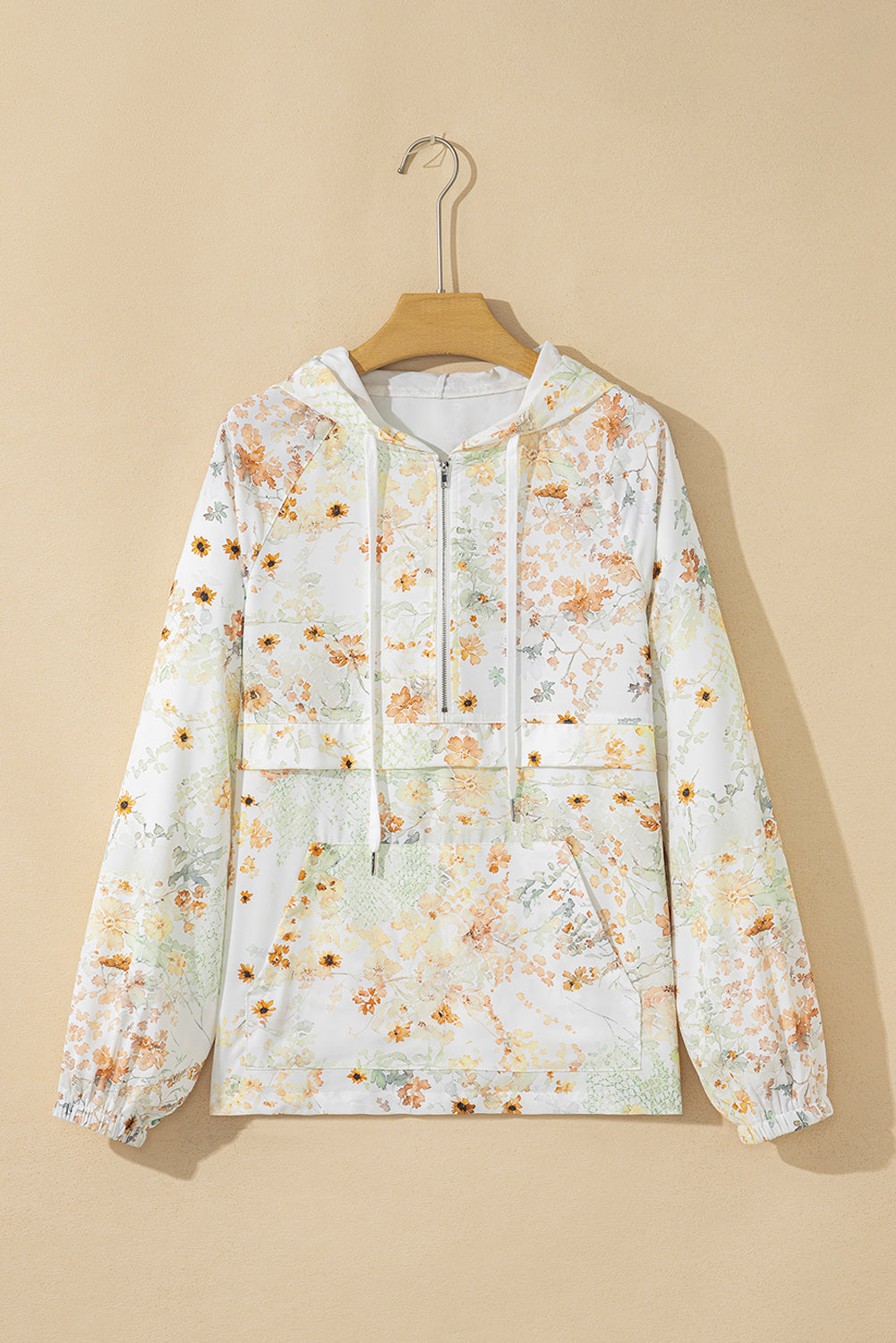 Yellow Floral Print Half Zip Hooded Long Sleeve Top