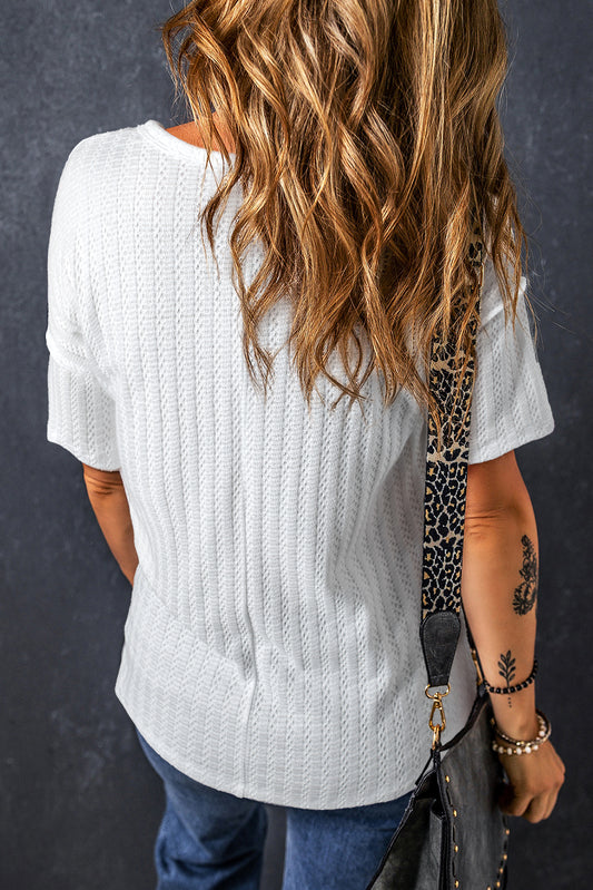 White Textured Hollow Grommet Placket Split Neck Short Sleeve Top