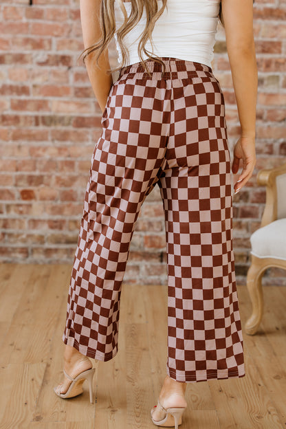 Khaki Checkered Elastic High Waist Loose Casual Pants