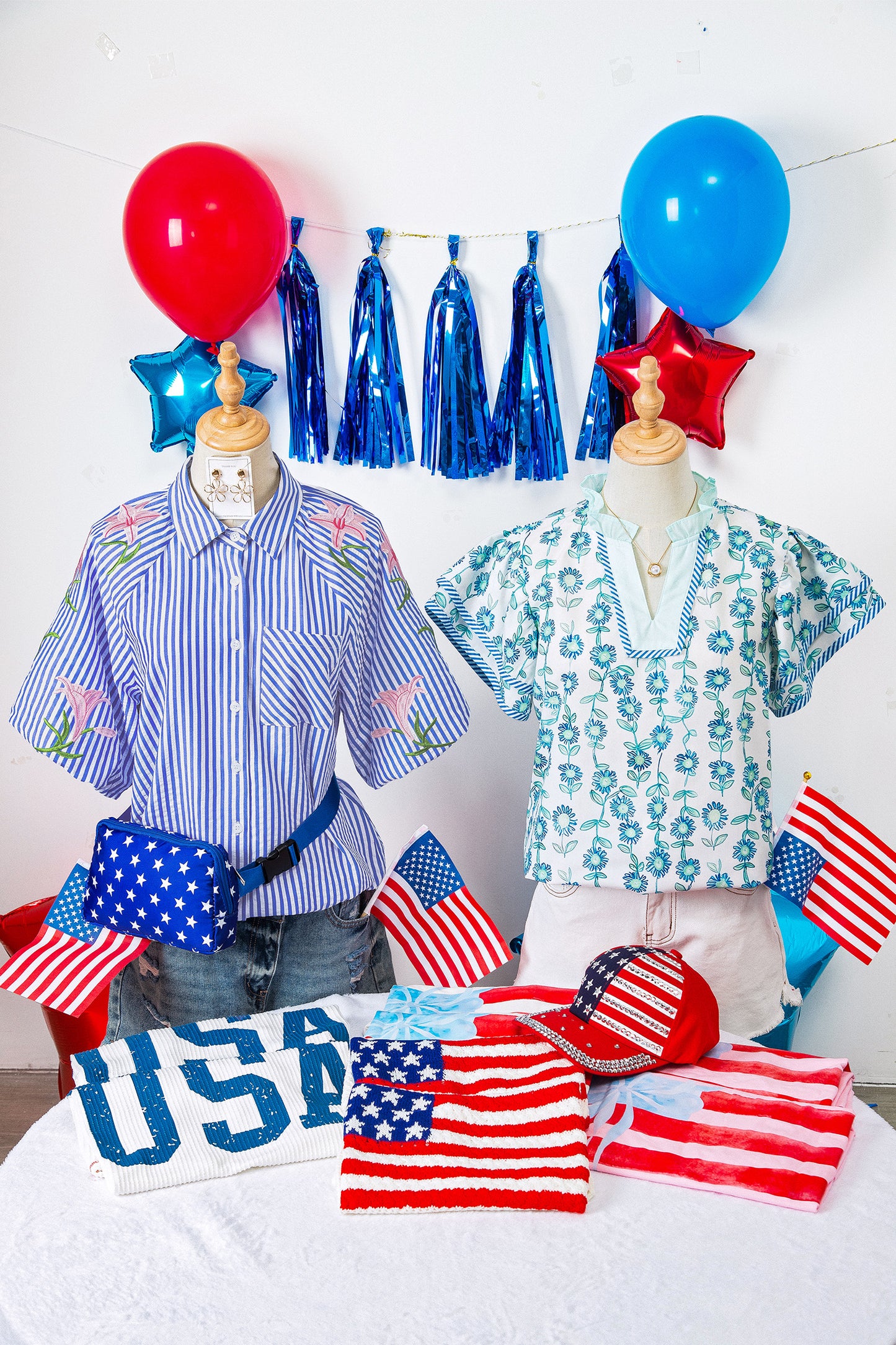 Sky Blue Stripe Lily Floral Embroidered Puff Sleeve Button Down Shirt