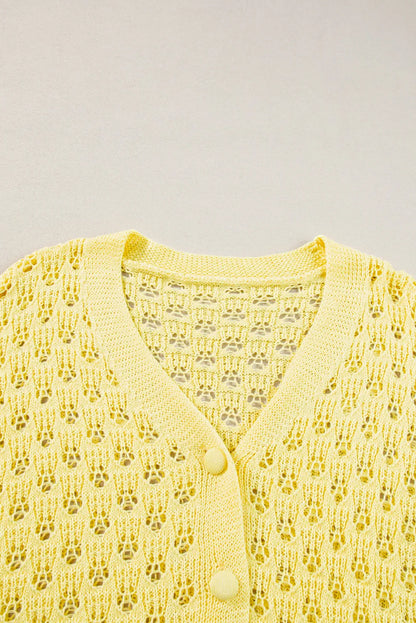 Yellow Pointelle Knit V Neck Sweater Cardigan - Chic Meadow Boutique 