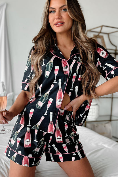 Black Champagne Print Silky Short Sleeve Pajamas Set