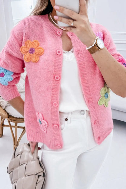 Pink Cute Knitted Floral Pattern Button Up Cardigan - Chic Meadow Boutique 