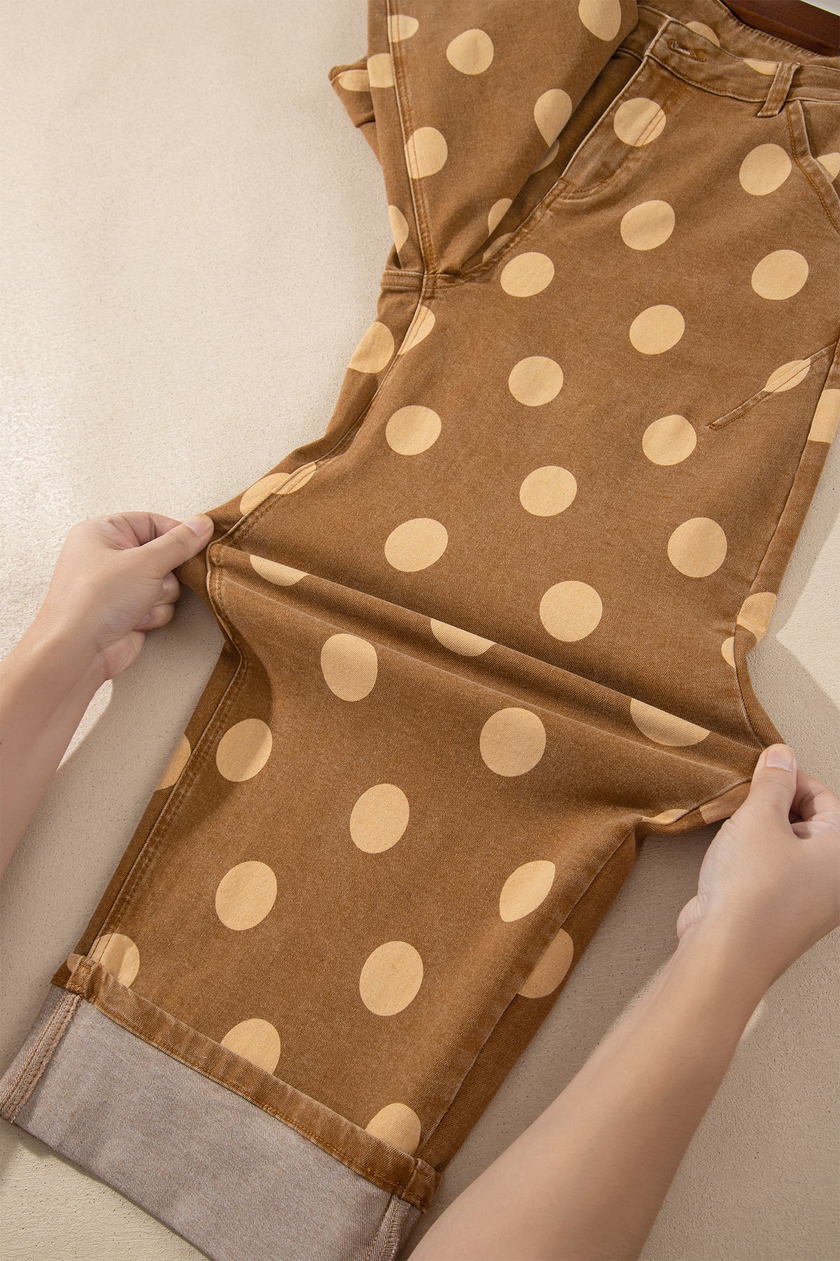 Brown Polka Dot Ankle-Length Metal Button Casual Jeans