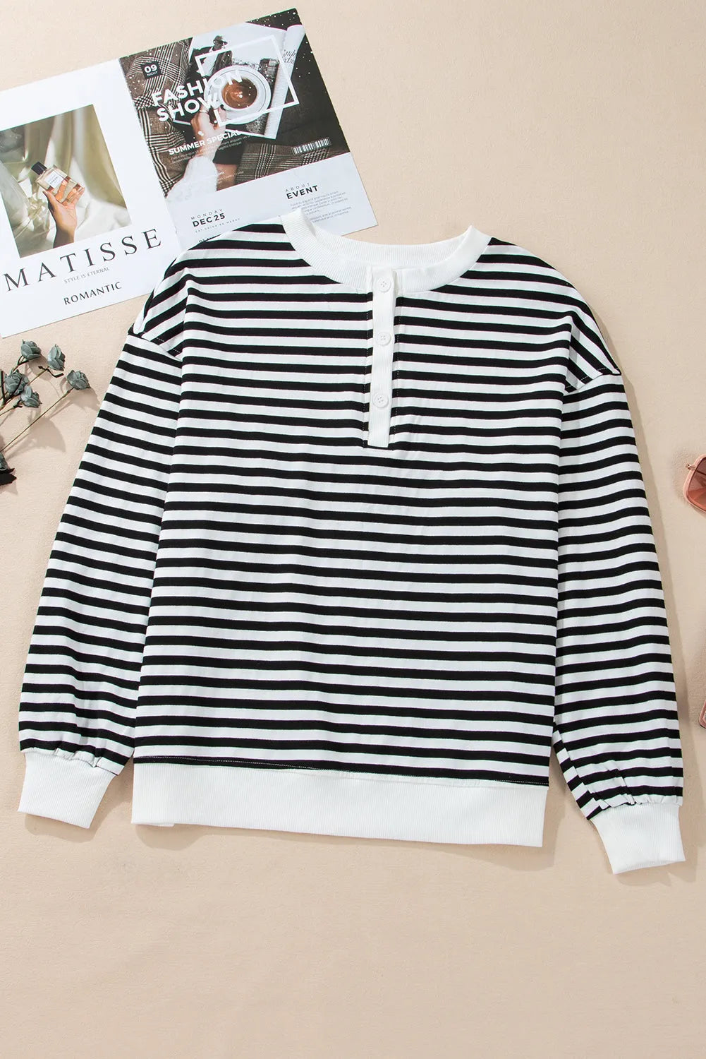 White Stripe Color Block Buttoned Crew Neck Oversized Sweatshirt - Chic Meadow Boutique 