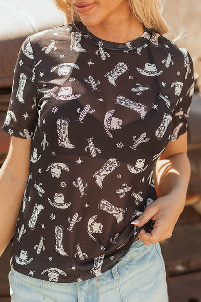 Black Western Pattern Mesh Sheer Crew Neck T Shirt
