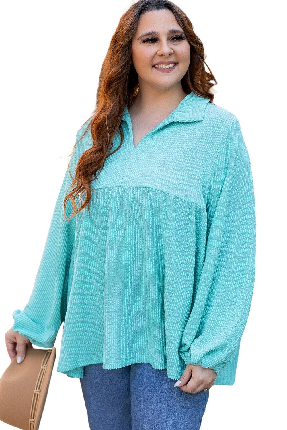 Plus Size/Plus Size Tops/Plus Size Long Sleeve Tops Turquoise Cordrd Balloon Sleeve Collar Plus Babydoll Top