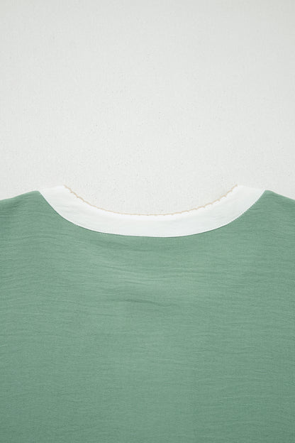 Smoke Green Color Block Patchwork V Neck Embroidered Puff Sleeve Babydoll Blouse