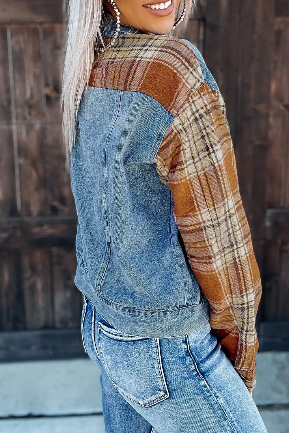 Sky Blue Medium Wash Plaid Sleeves Denim Jacket - Chic Meadow Boutique 