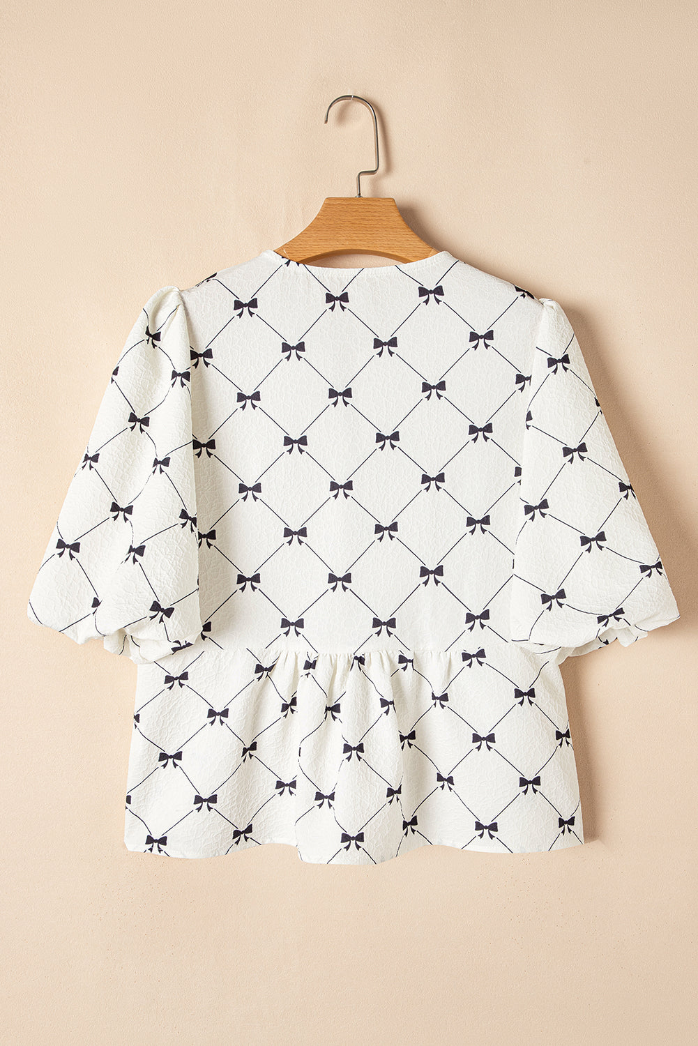 White Bowknot Print Front Knots Bubble Sleeve Blouse