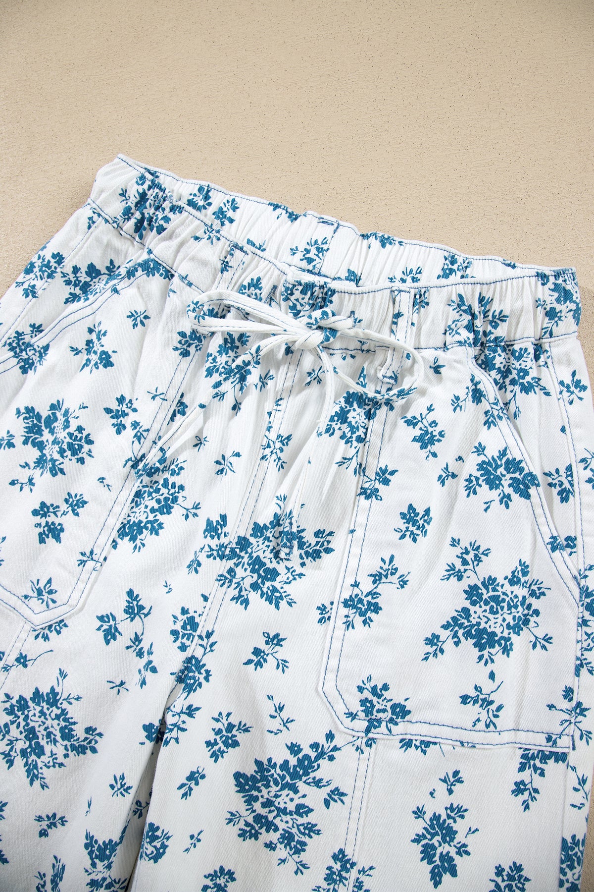 Sky Blue Floral Print Tie Waist Straight Leg Jeans