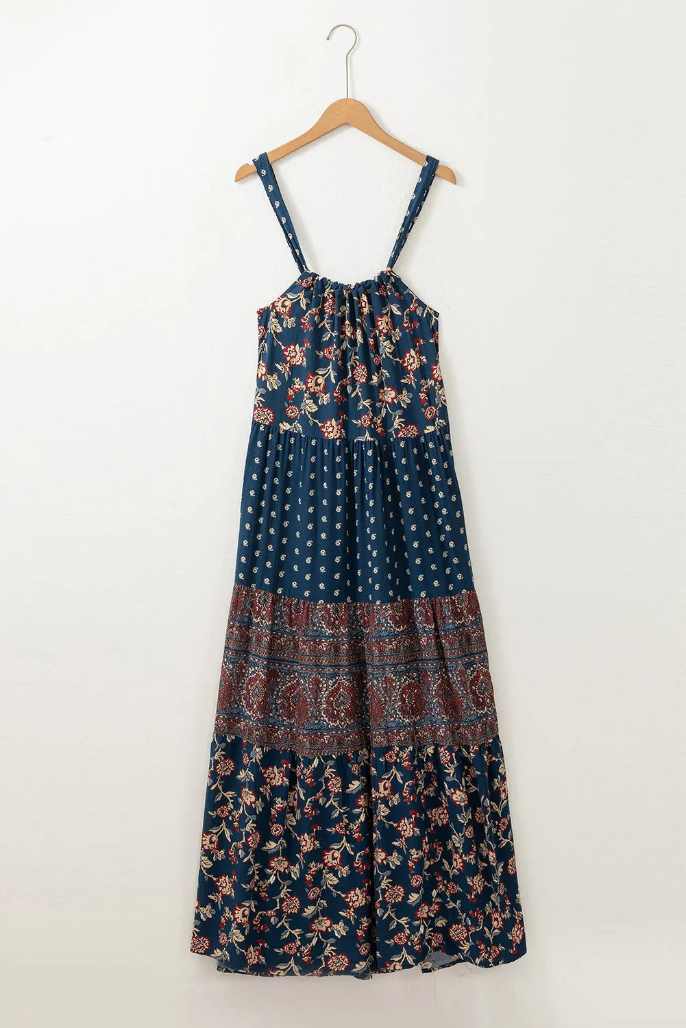 Blue Boho Floral Splicing Sleeveless Maxi Dress - Chic Meadow Boutique 