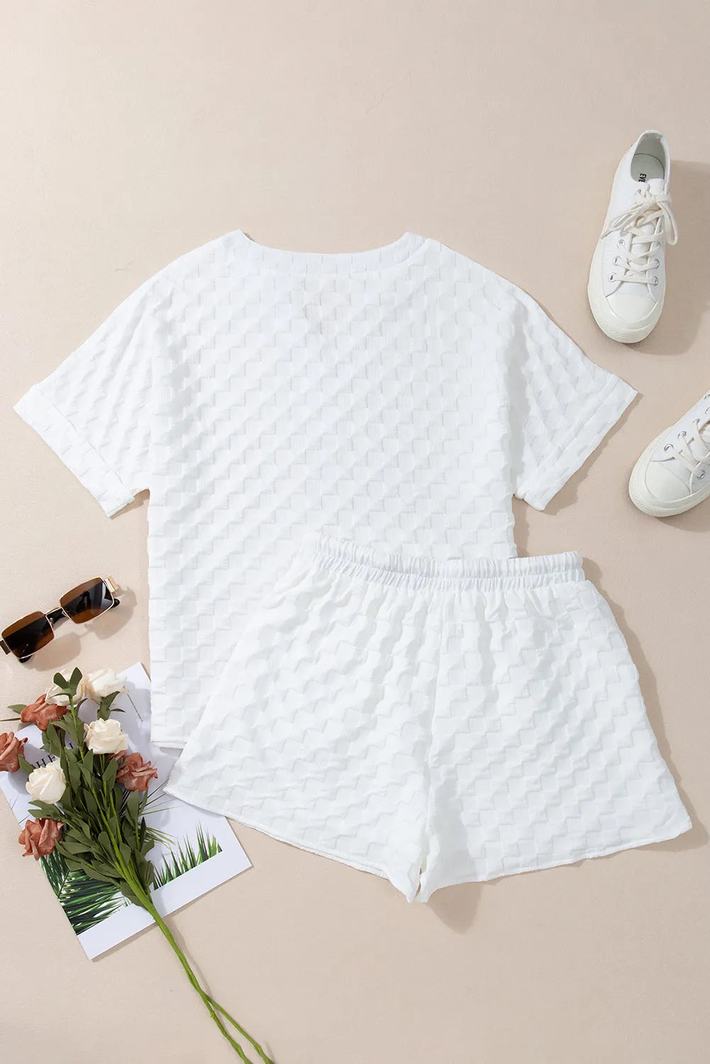 White Textured Split Neck Top and Drawstring Shorts Set - Chic Meadow Boutique 