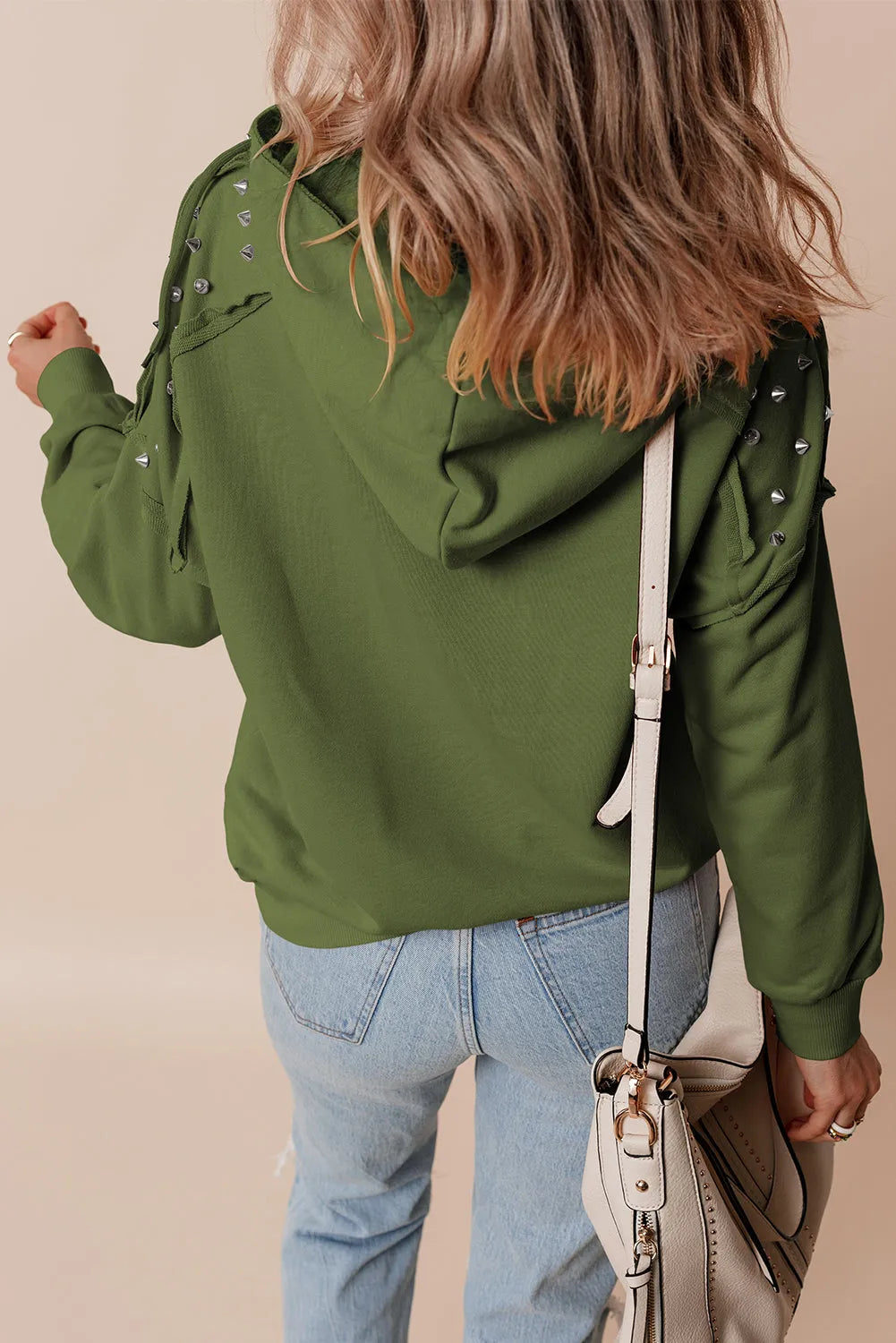 Vineyard Green Solid Color Rivet Stud Raglan Sleeve Hoodie with Pocket - Chic Meadow Boutique 