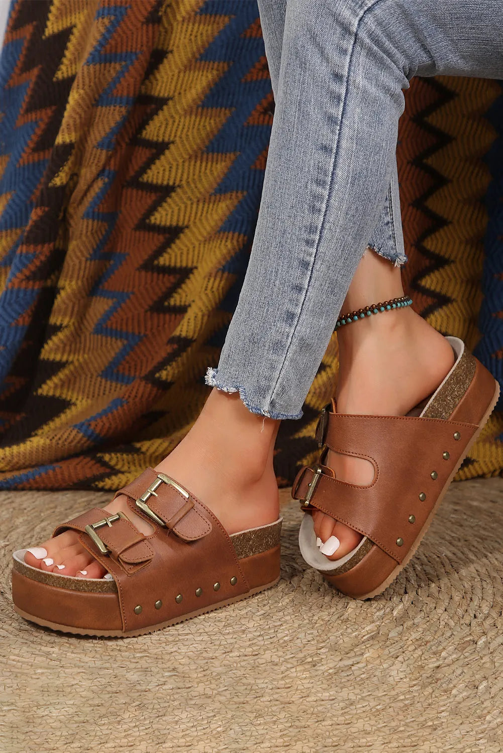 Chestnut Dual Buckle Studded Platform Sandal Slippers - Chic Meadow Boutique 