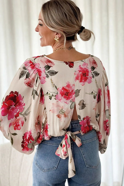 Rose Floral 3/4 Sleeve Lace-up Back Blouse - Chic Meadow Boutique 