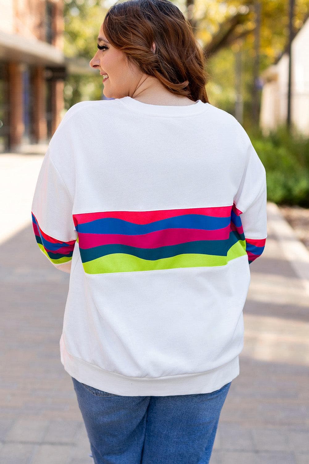 Plus Size/Plus Size Sweatshirts & Hoodies White Plus Size Colorful Striped Drop Shoulder Loose Sweatshirt