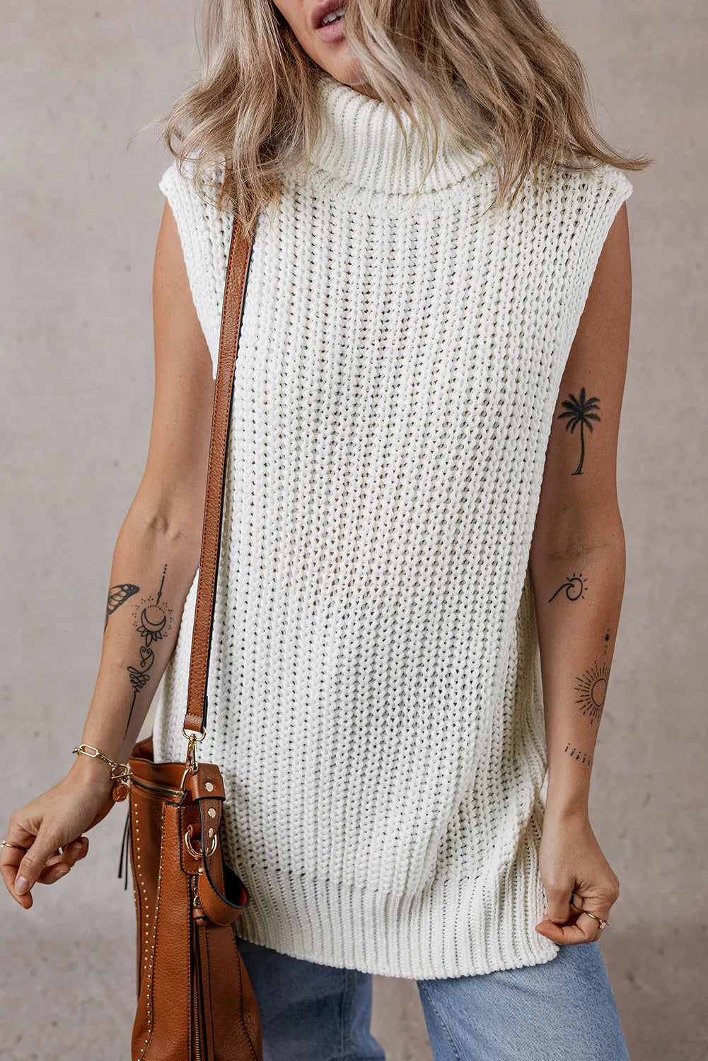 White Turtleneck Knitted Slit Hem Sweater Vest - Chic Meadow Boutique 