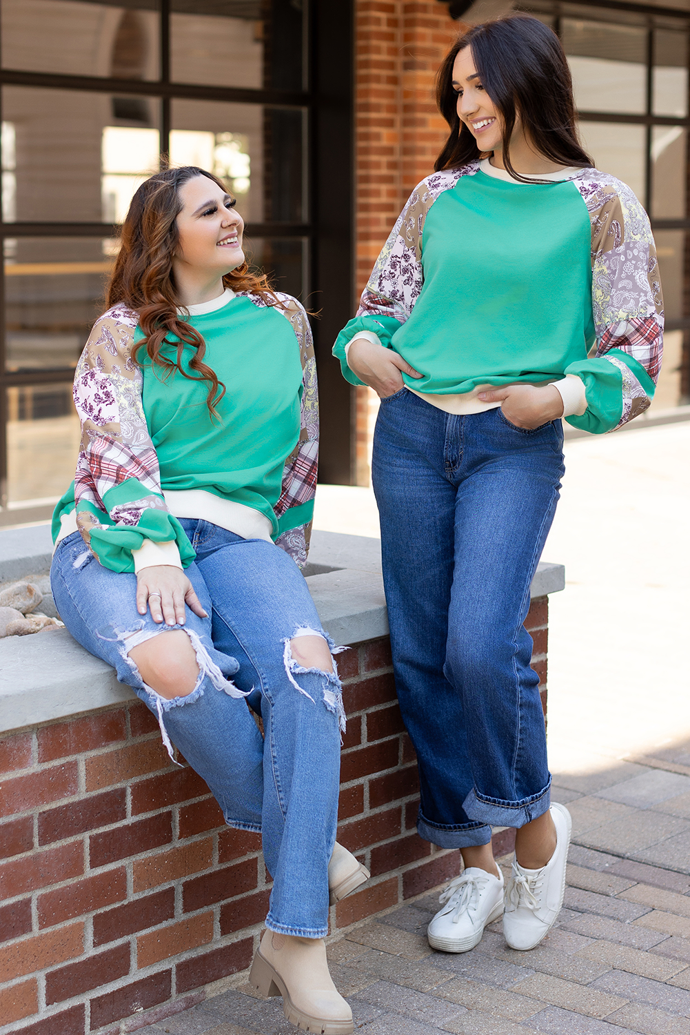 Sky Blue Plus Size Plaid Floral Patchwork Raglan Sleeve Sweatshirt