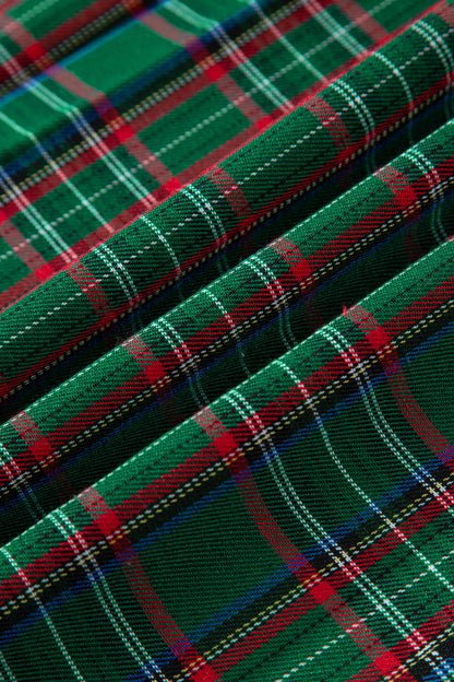 Green Tartan Plaid Square Neck Puff Sleeve Knot Waist Flared Midi Dress