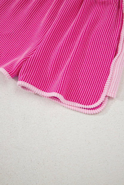 Rose Red 3D Spiral Ribbed Texture 2 Tones Patchwork Short Set