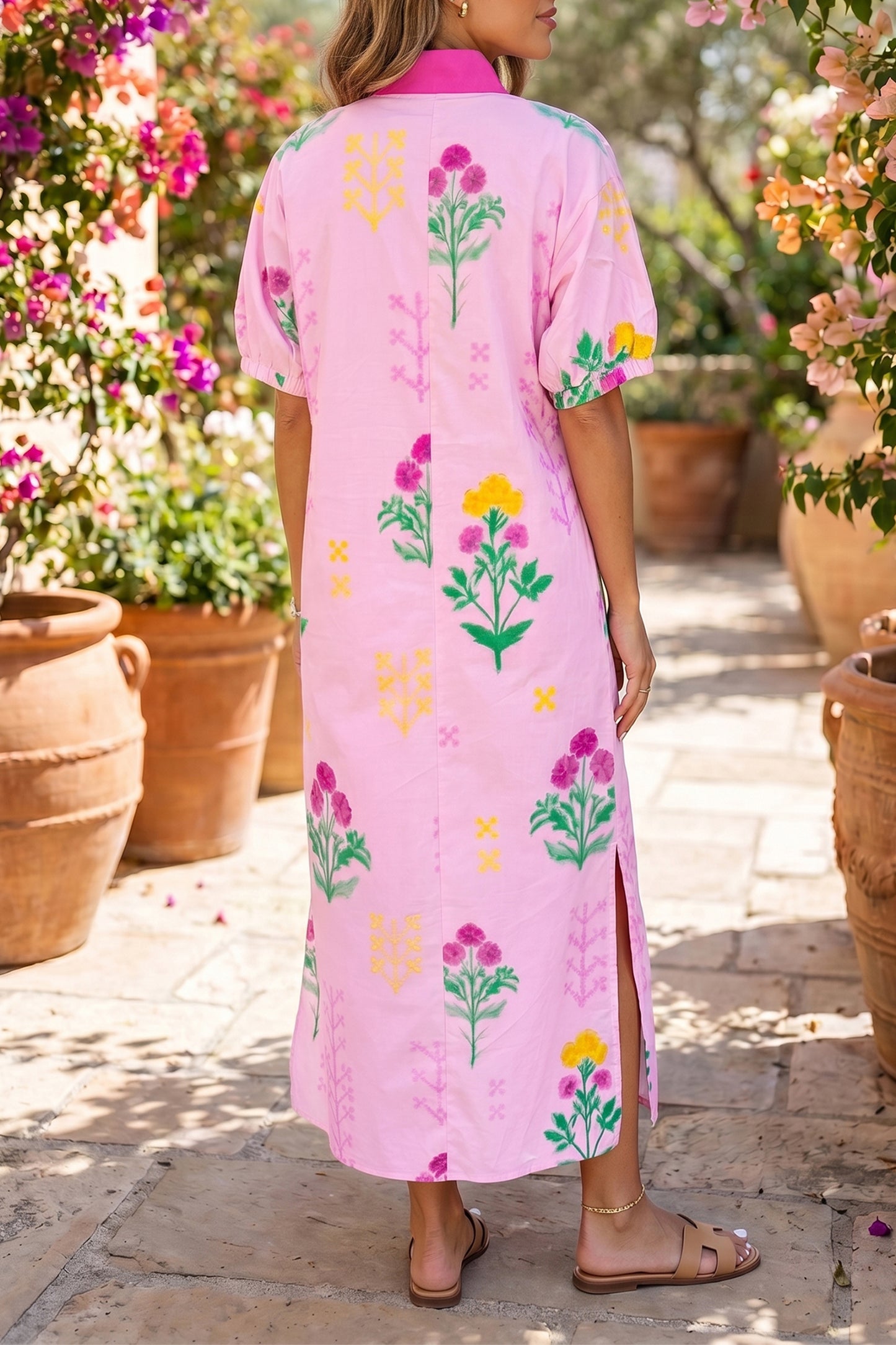 Pink Floral Print Short Sleeve Colorblcok Trim V Neck Midi Dress