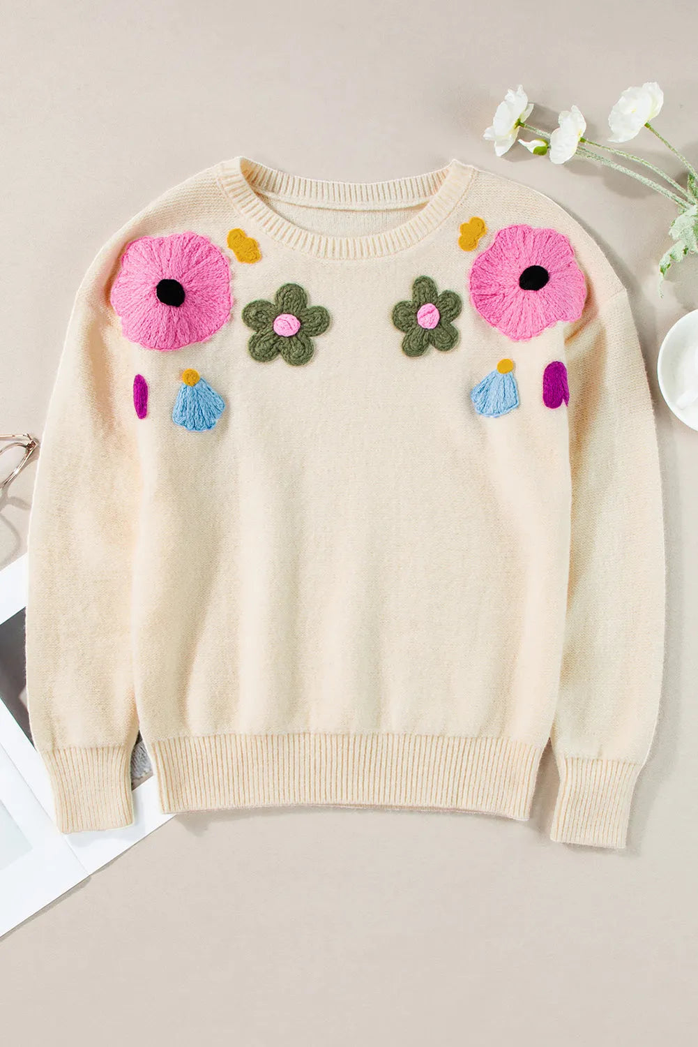 Beige Knitted Flower Pattern Ribbed Edge Sweater - Chic Meadow Boutique 