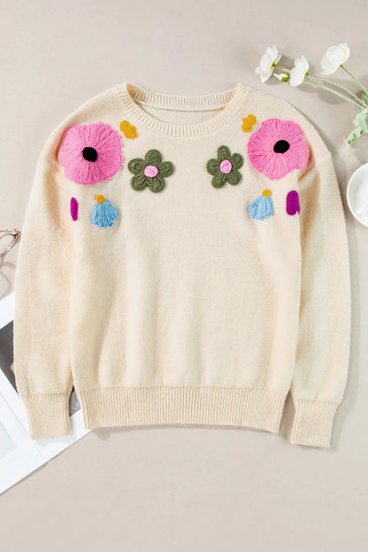 Beige Knitted Flower Pattern Ribbed Edge Sweater - Chic Meadow Boutique 