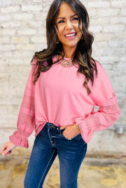 Sachet Pink Drop Shoulder Lace Ruffled Sleeve Patchwork Loose Sweatshirt