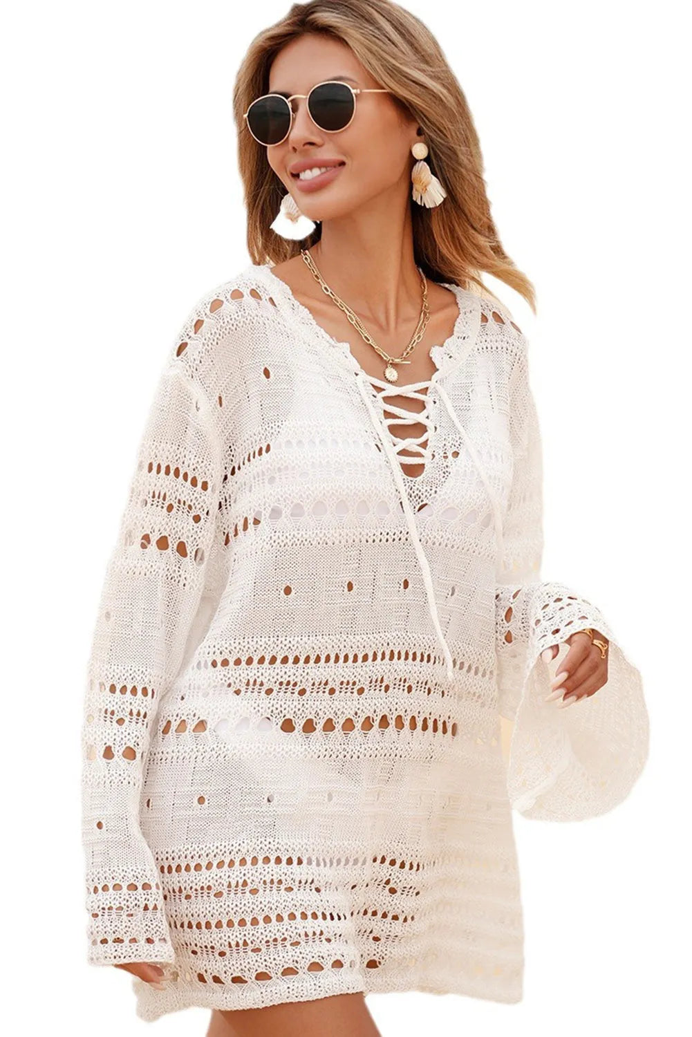 White Lace-up V Neck Hollow Out Knitted Long Sleeve Cover Up - Chic Meadow Boutique 