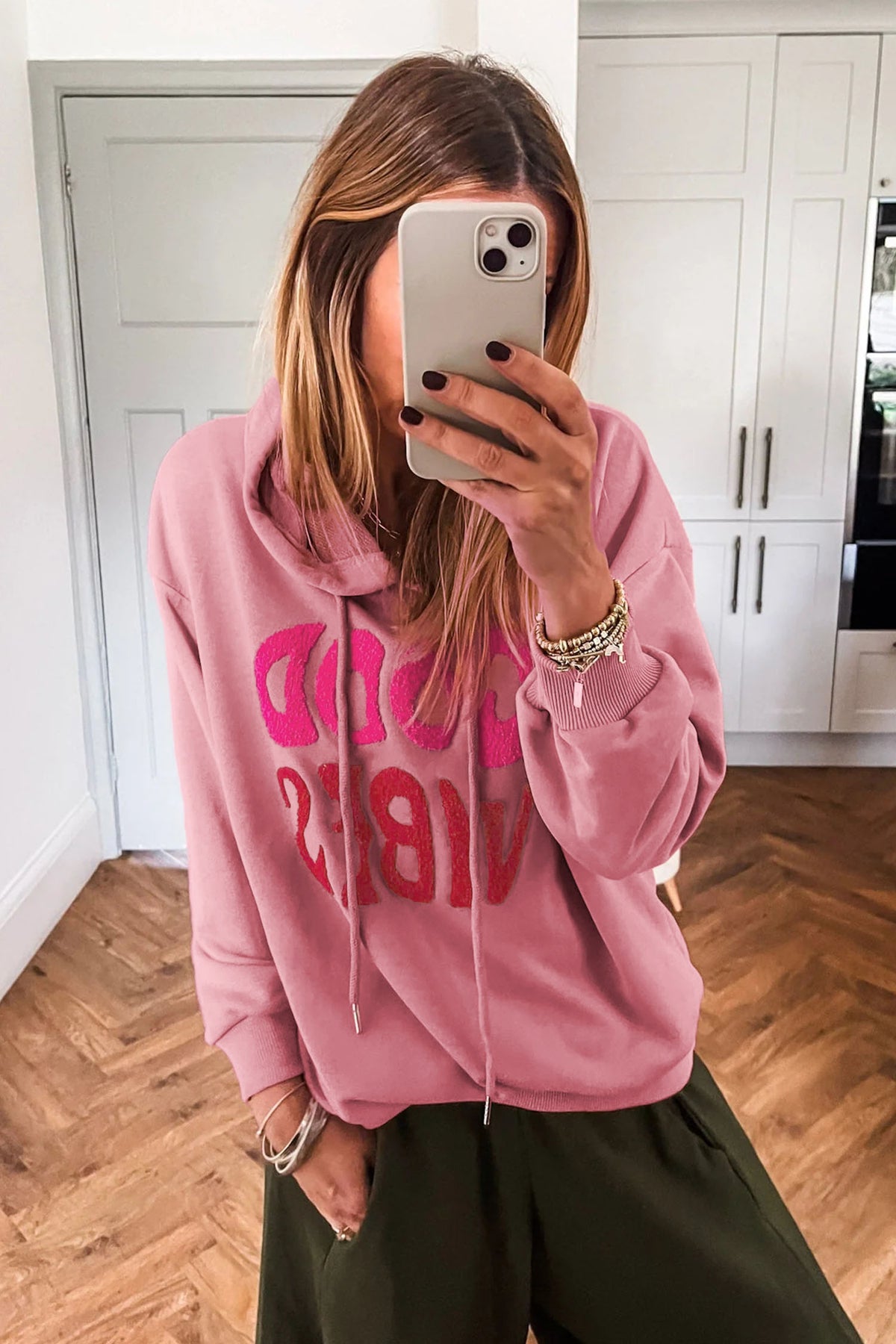 Gossamer Pink GOOD VIBES Chenille Letter Graphic Casual Hoodie