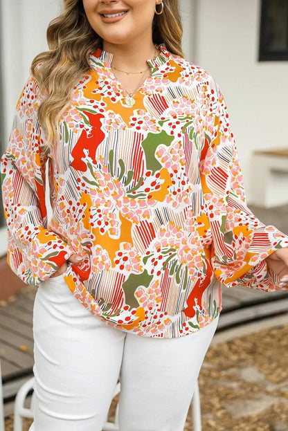 Plus Size/Plus Size Tops/Plus Size Blouses & Shirts Orange Printed Floral Abstract Print Frilled V Neck Plus Size Blouse