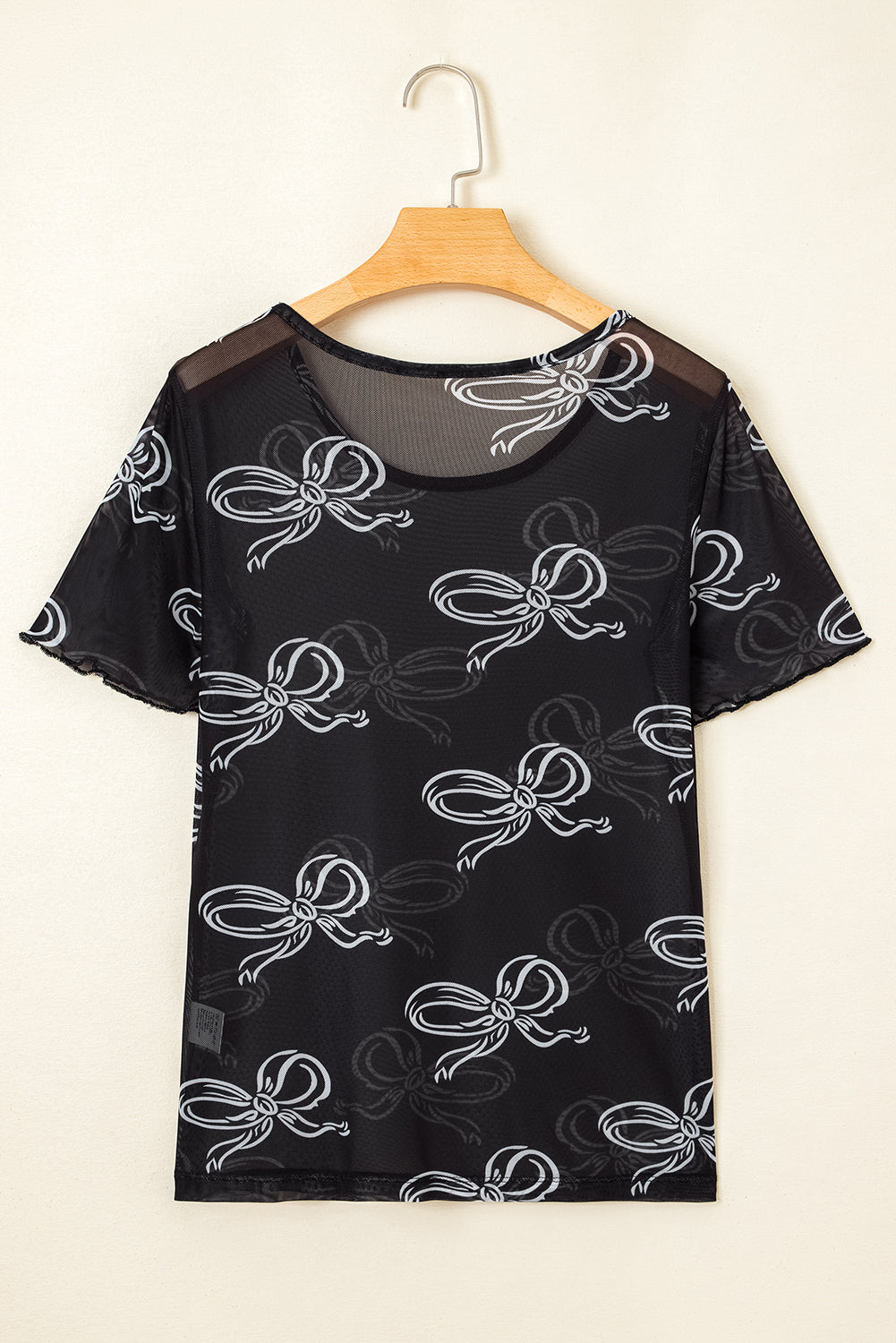 Black Bow Printed Mesh Short Sleeve Top
