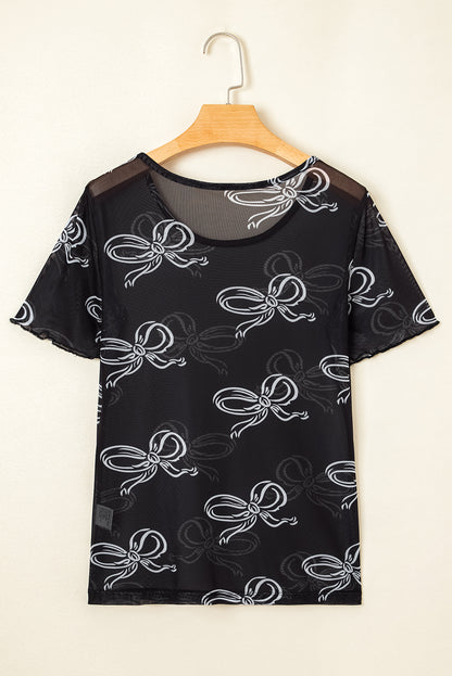 Black Bow Printed Mesh Short Sleeve Top