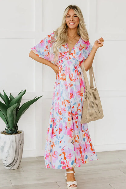 Multicolor Tropical Floral Print Ruched V Neck Maxi Dress - Chic Meadow Boutique 