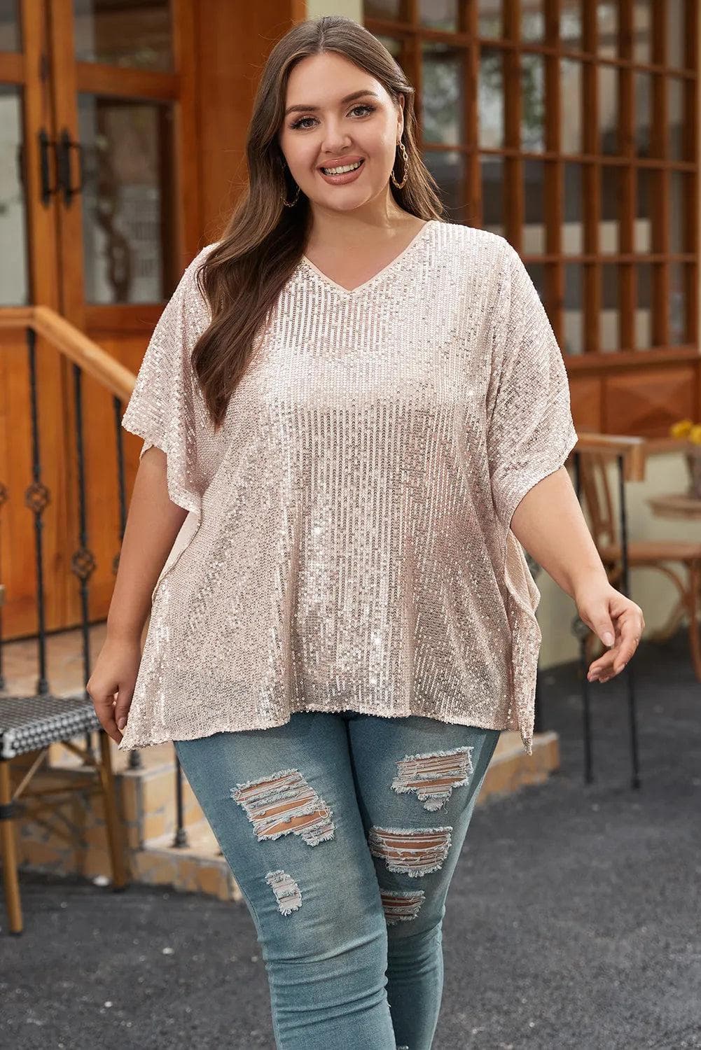 Plus Size/Plus Size Tops/Plus Size Tops & Tees Apricot Plus Size Sequined V Neck Boxy Top