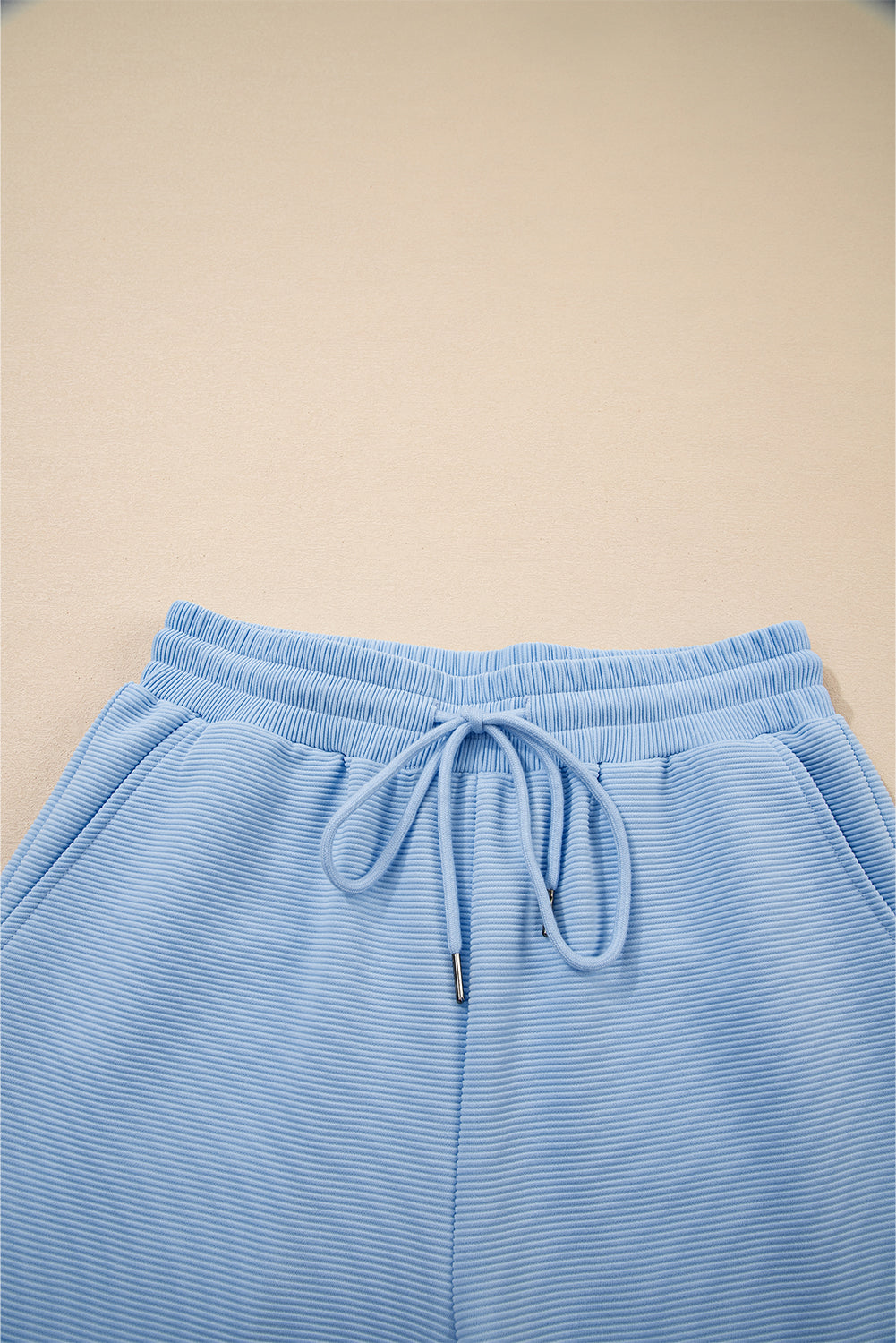 Beau Blue Textured Ruffled Sleeve Zipped Top and Wide Leg Pants Set