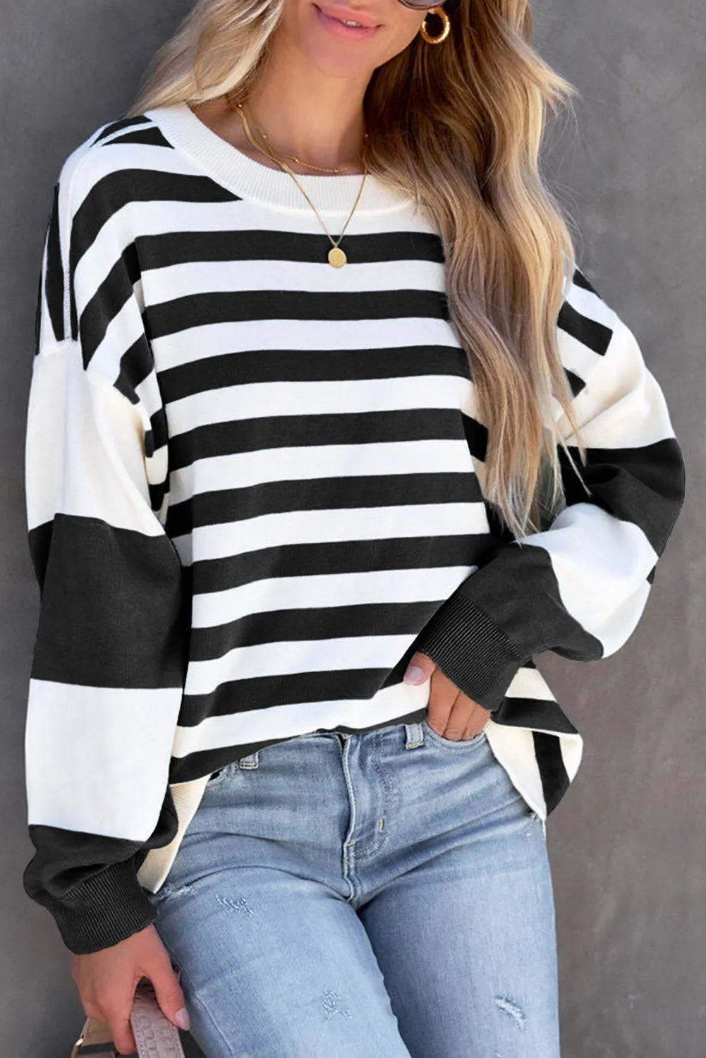 Black Stripe Drop Shoulder Striped Pullover Sweatshirt - Chic Meadow Boutique 