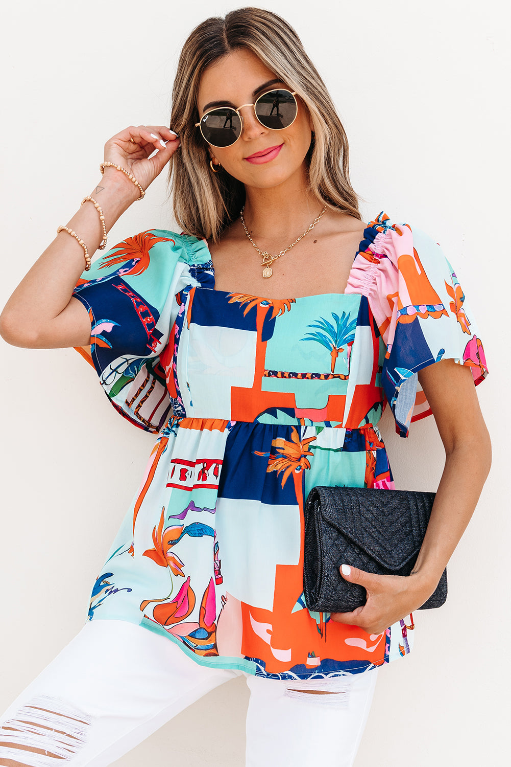 Sky Blue Tropical Printed Square Neck Flutter Sleeve Babydoll Blouse
