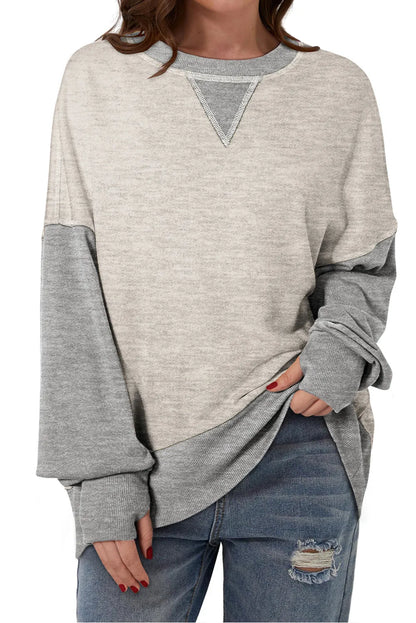 Light Grey Color Block Thumbhole Sleeve Drop Shoulder Sweatshirt - Chic Meadow Boutique 