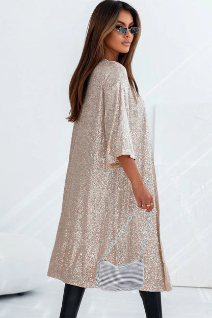 Apricot Sequin 3/4 Sleeve Open Front Duster Kimono - Chic Meadow Boutique 