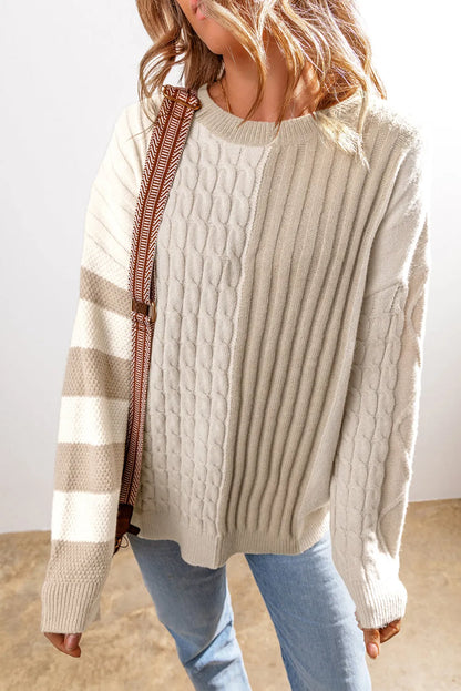 Khaki Cable Knit Colorblock Crew Neck Drop Shoulder Sweater - Chic Meadow Boutique 