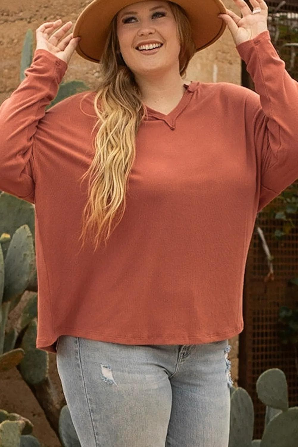 Plus Size/Plus Size Tops/Plus Size Long Sleeve Tops Gold Flame Plus Size Exposed Seam V Neck Long Sleeve Top