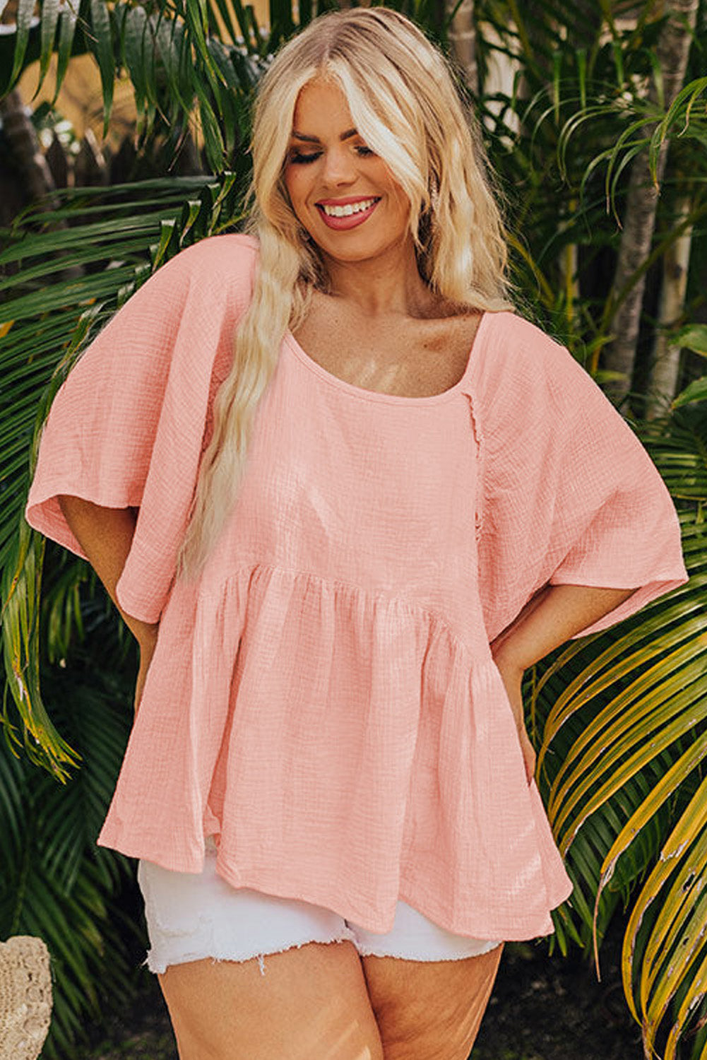 Apricot Pink Plus Size Textured Wide Short Sleeve Babydoll Blouse