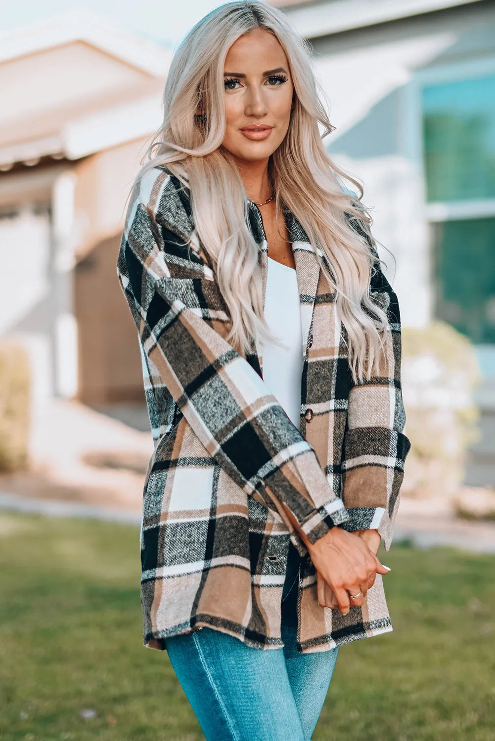 Plaid Print Buttoned Shirt Jacket - Chic Meadow Boutique 