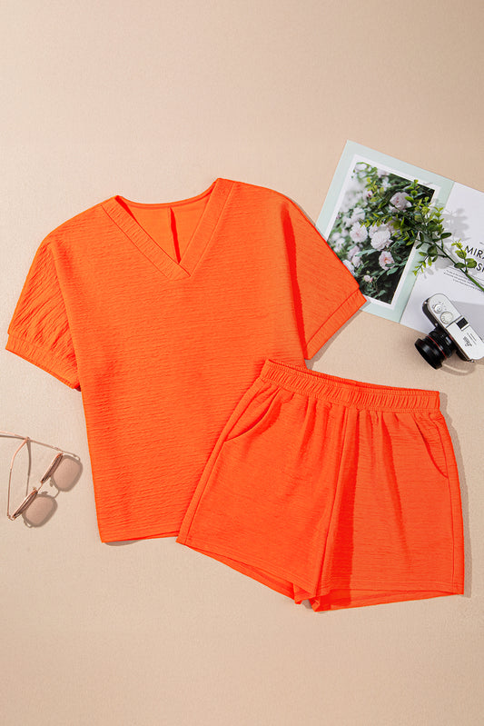Orange Textured V Neck T Shirt and Shorts Set