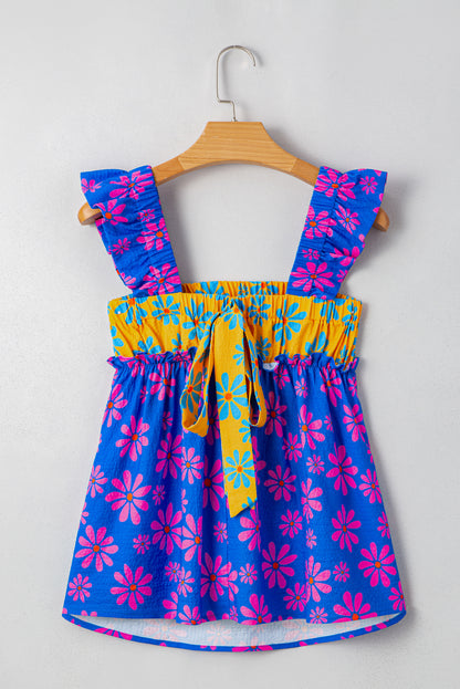 Blue Floral Colorblock Flutter Straps Flowy Tank Top